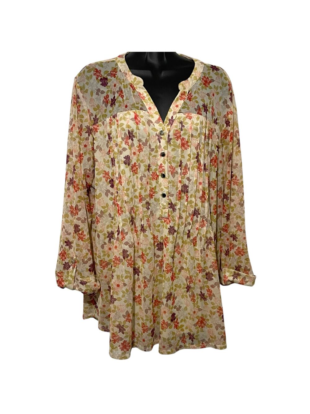 Cocomo Womens Blouse Size 2X Floral Pintuck Stretch Pullover Rolled Tab Sleeves